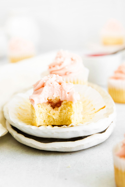 rhubarb cupcake with bite in it