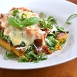 image of polenta lasagna garnished with fresh basil