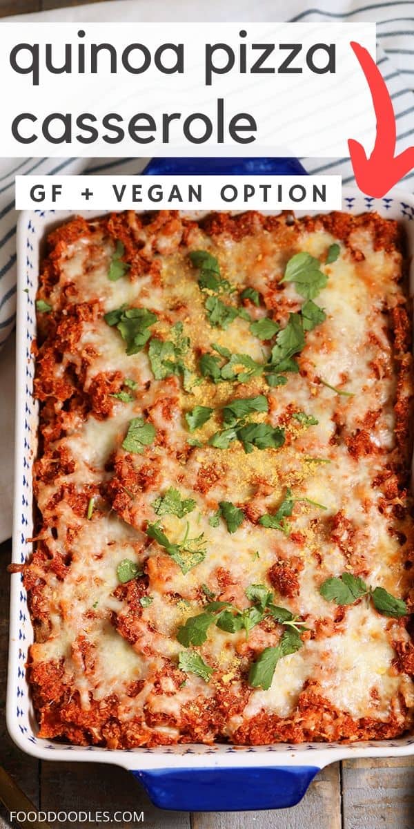 This delicious quinoa pizza casserole is the perfect healthy side dish if you love pizza!  With all the flavors you love, plus topped with cheese (and your other favorite pizza toppings) everyone will love this! Gluten-free with a vegan option.