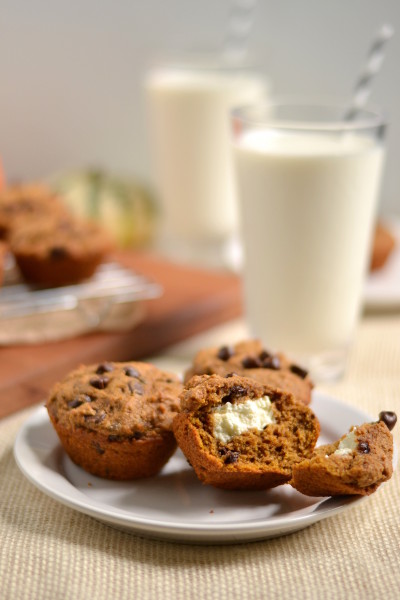 Whole Wheat Chocolate Chip Cream Cheese Surprise Pumpkin Muffins Image