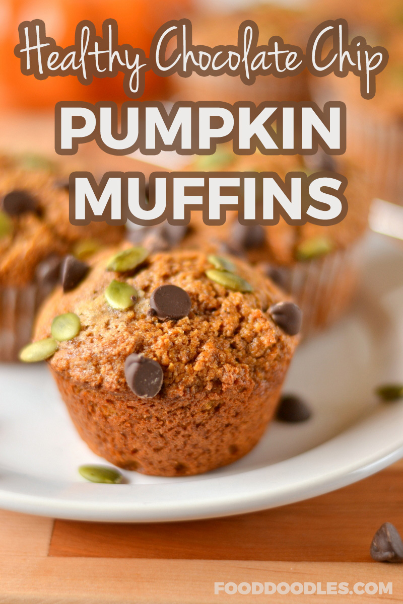 pin image of healthy chocolate chip pumpkin muffins