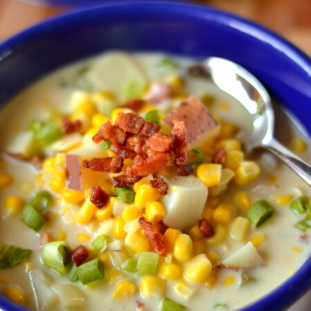 image of a bowl of cream of corn soup with bacon