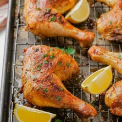 You only need 5 ingredients and 5 minutes to put these chicken leg quarters together. This recipe is ridiculously easy and the result is way more flavorful and delicious than you would imagine.