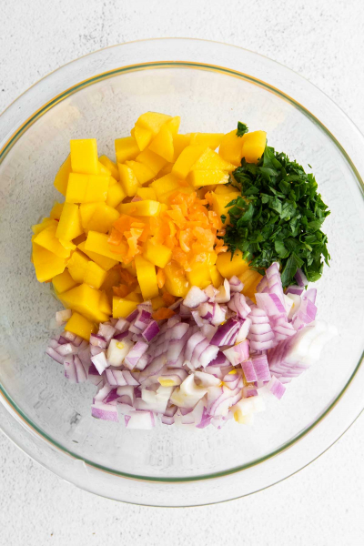 Mango Habanero Salsa ingredients in a bowl