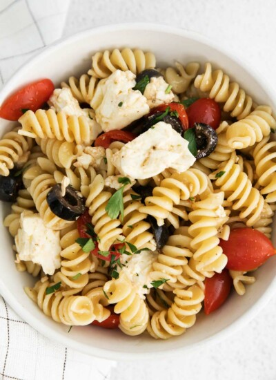 greek pasta salad in bowl