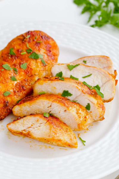 plate with sliced air fryer chicken breast