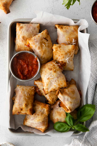 overhead shot of tray of air fryer pizza rolls 