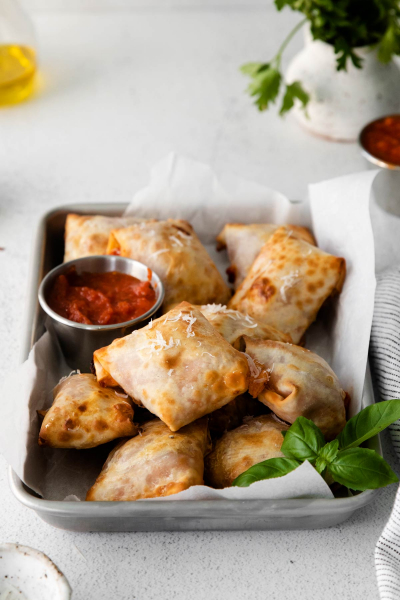 tray of homemade air fryer pizza rolls 