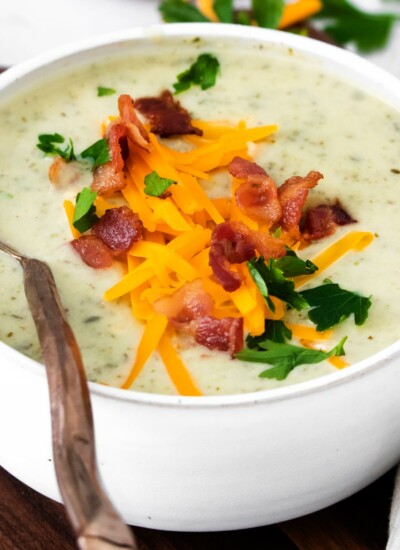 Image of Instant Pot Colcannon Potato Soup that is made with creamy potatoes and nutritious kale and simply seasoned and garnished with crispy bacon. With a vegetarian option.