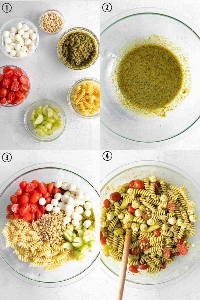 step by step photos of how to make summer pesto pasta salad