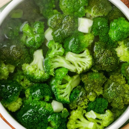 close-up of bright green boiled broccoli after perfectly cooked in a white bowl