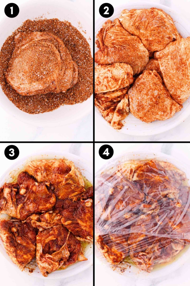 collage showing chicken thighs being coated in a spice rub, adding olive oil and covering