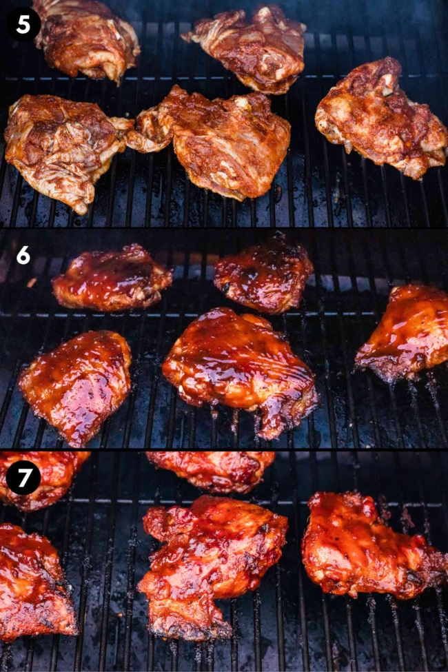 collage showing the grilling of the chicken thighs and coating them in BBQ