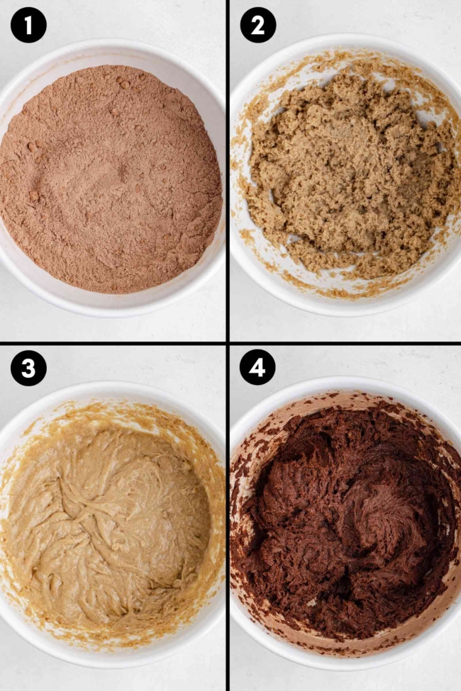 collage showing the mixing together of ingredients for cocoa oatmeal cookies dough