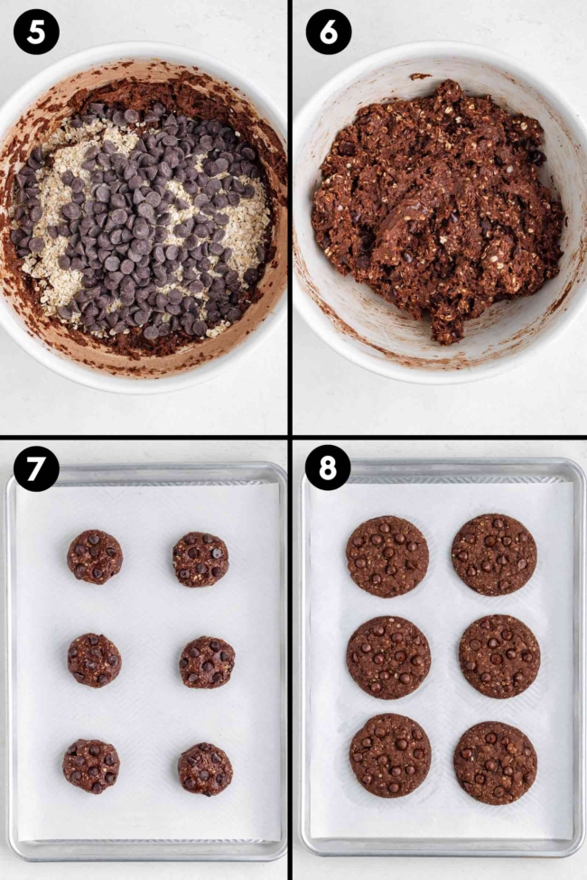 collage showing the adding of chocolate chips, mixing the dough together, rolling into balls and baking the cookies