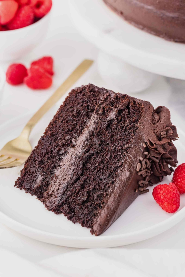 up-close shot of dark cocoa cake slice on a white plate with raspberries around it