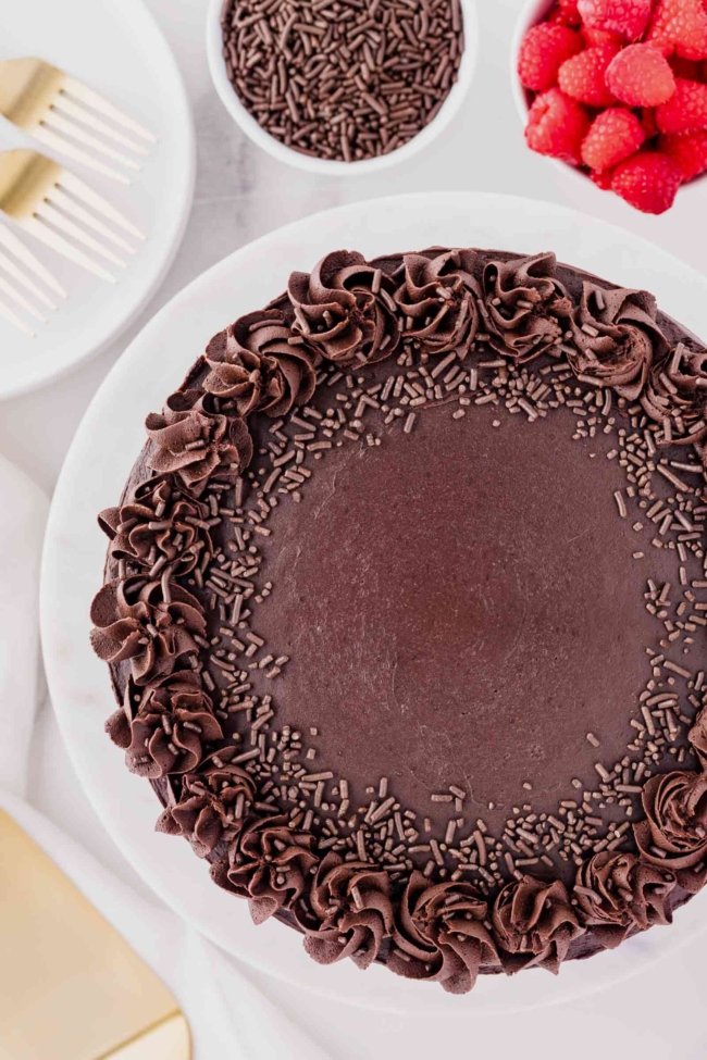 overhead shot of the finished dark cocoa cake