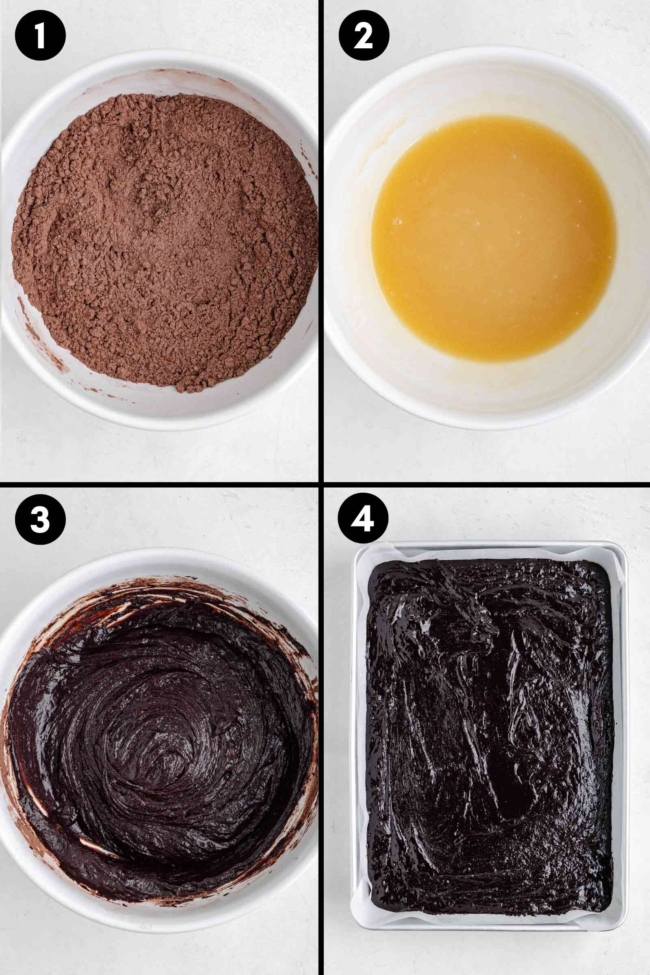 collage showing the mixing together of the dry and wet ingredients and the batter in the pan
