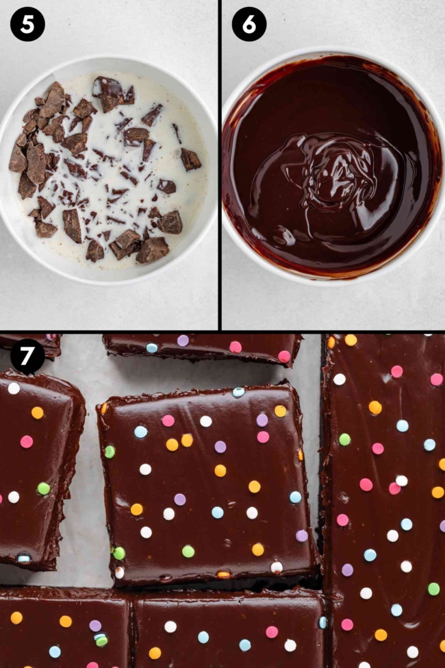 collage showing the mixing of ganache and of the finished brownies