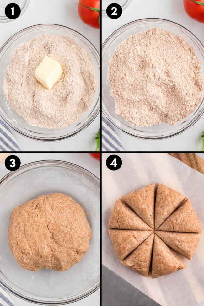 collage showing the mixing together or tortilla ingredients and cutting them into 8 pieces