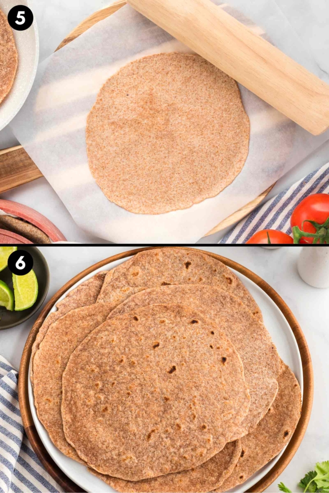 collage showing how thin to roll the tortillas and what they look like once cooked