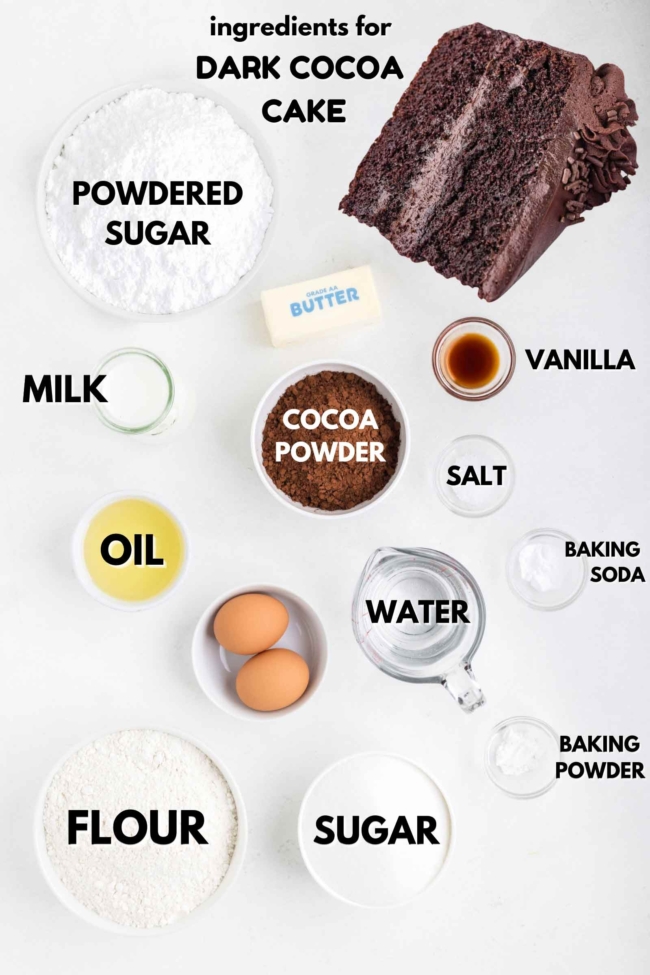 ingredients laid out to make a dark cocoa cake