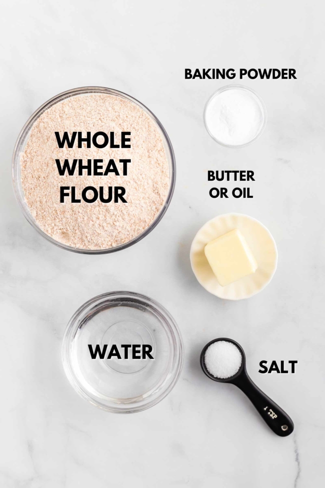 ingredients laid out to make whole wheat tortillas