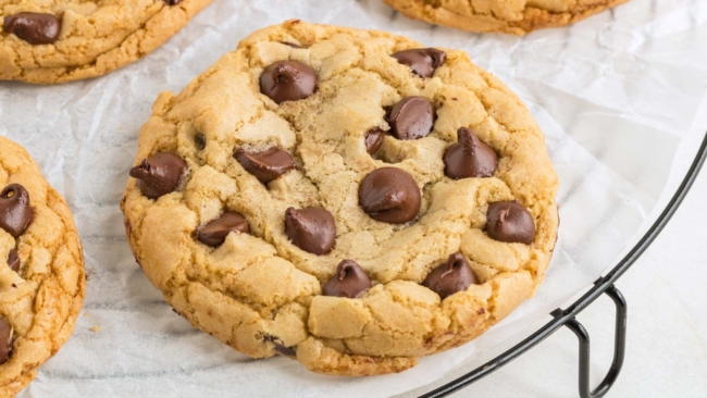 Close-up photo of a perfect chocolate chip cookie made without butter that is bursting with chocolate chips.