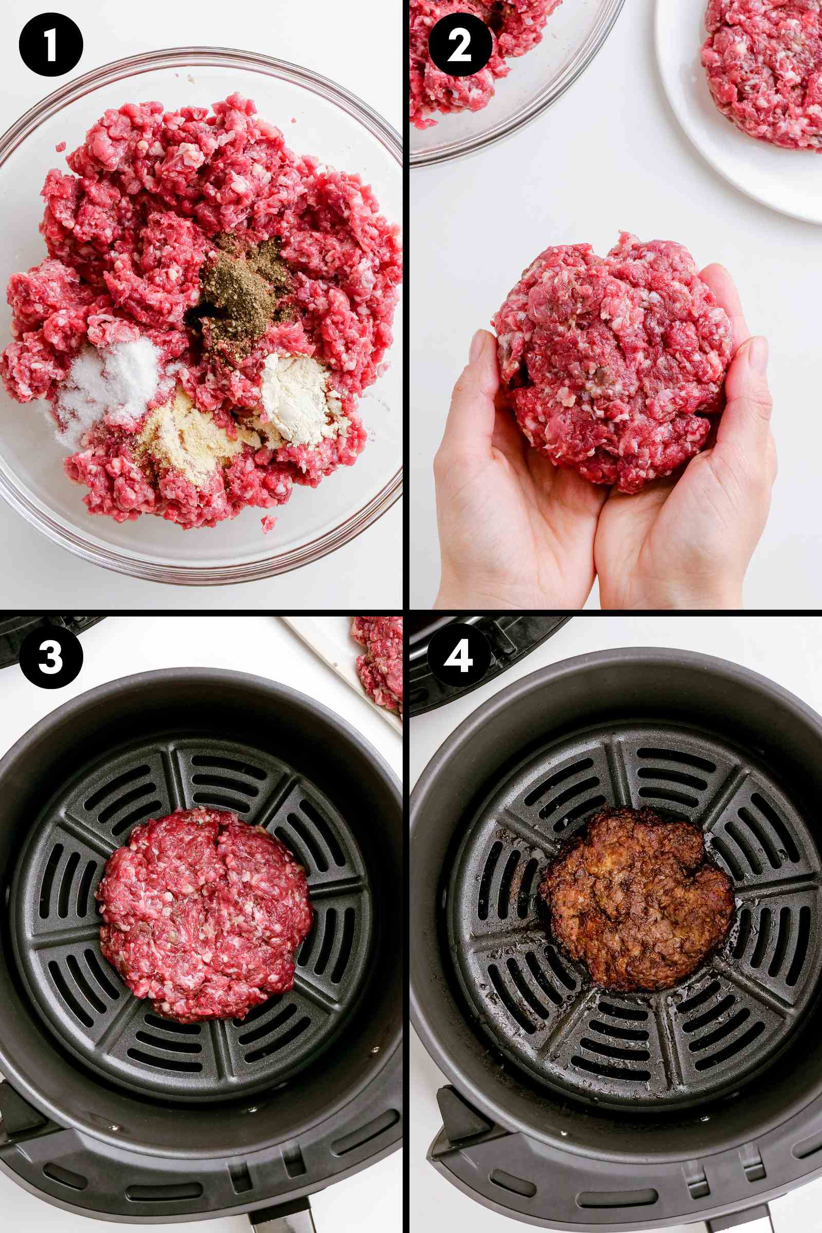 steps showing the seasoned ground beef, burger patties in the air fryer and the cooked burgers