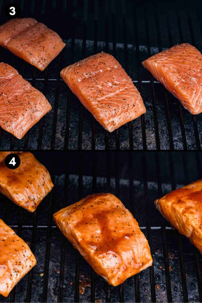collage showing putting the salmon on the grill grates and then adding BBQ sauce