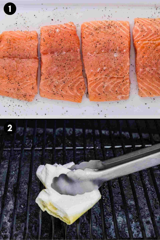 collage showing the salting of salmon and oiling the grilling grates