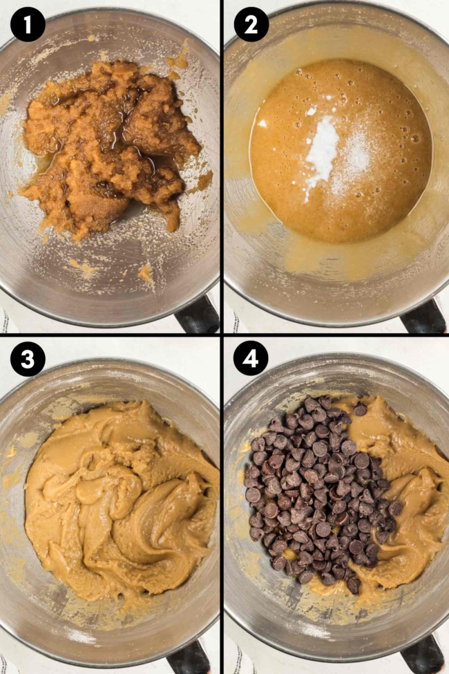 collage showing the mixing together of the dough to make butterless chocolate chip cookies