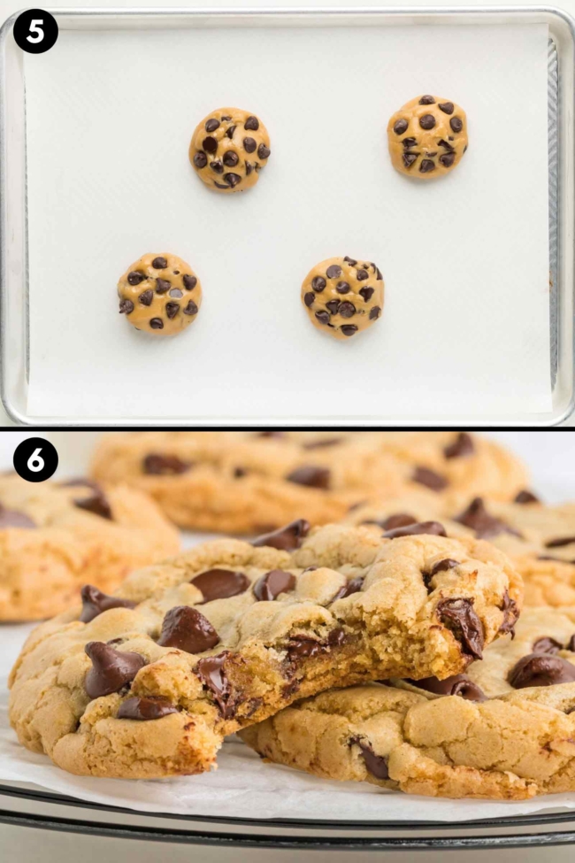 collage showing putting the dough balls on the baking sheet and the finished cookies