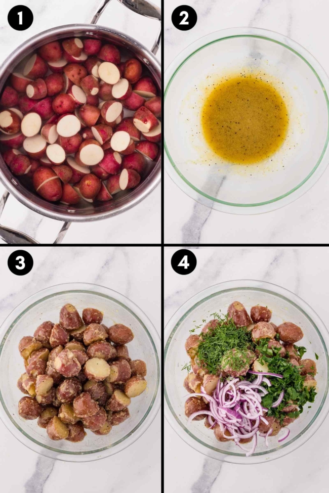 collage showing the boiling of potatoes, mixing of vinaigrette and the adding of onions and herbs