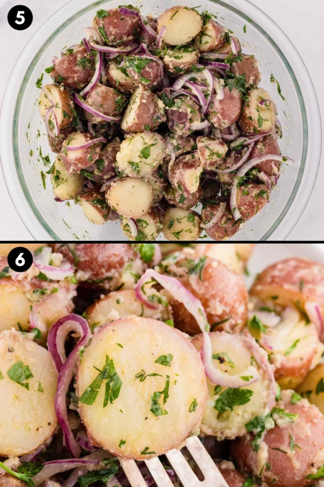 collage showing the finished potato salad in a bowl and then a close-up