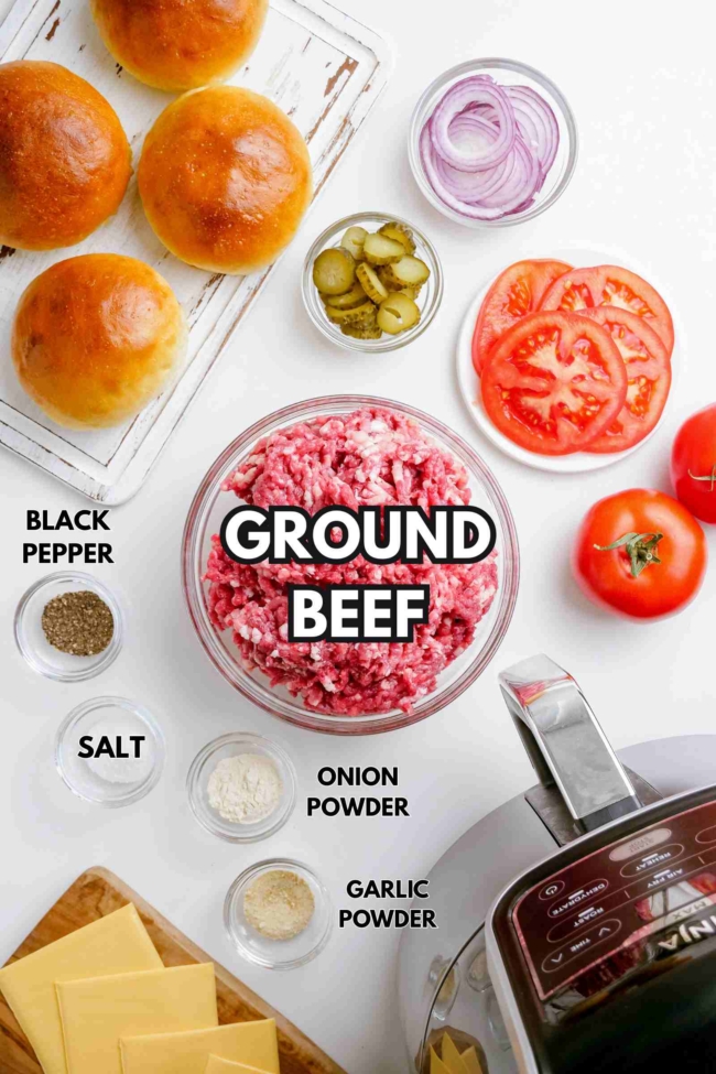 ingredients laid out to make air fryer burgers