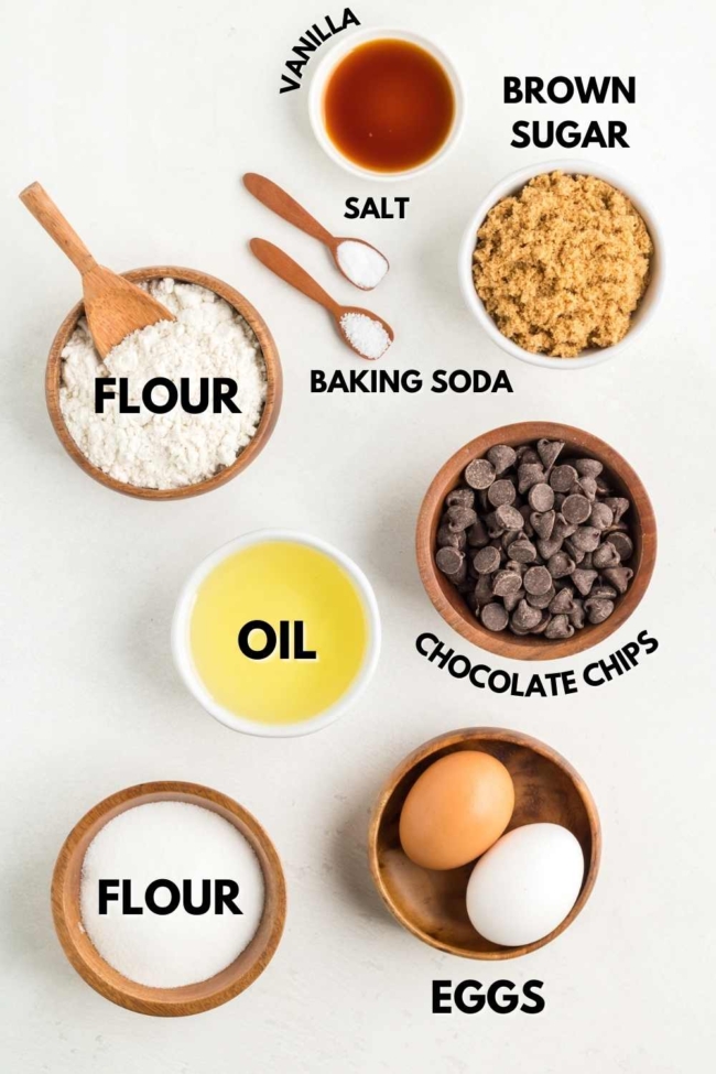 ingredients laid out to make chocolate chip cookies without butter