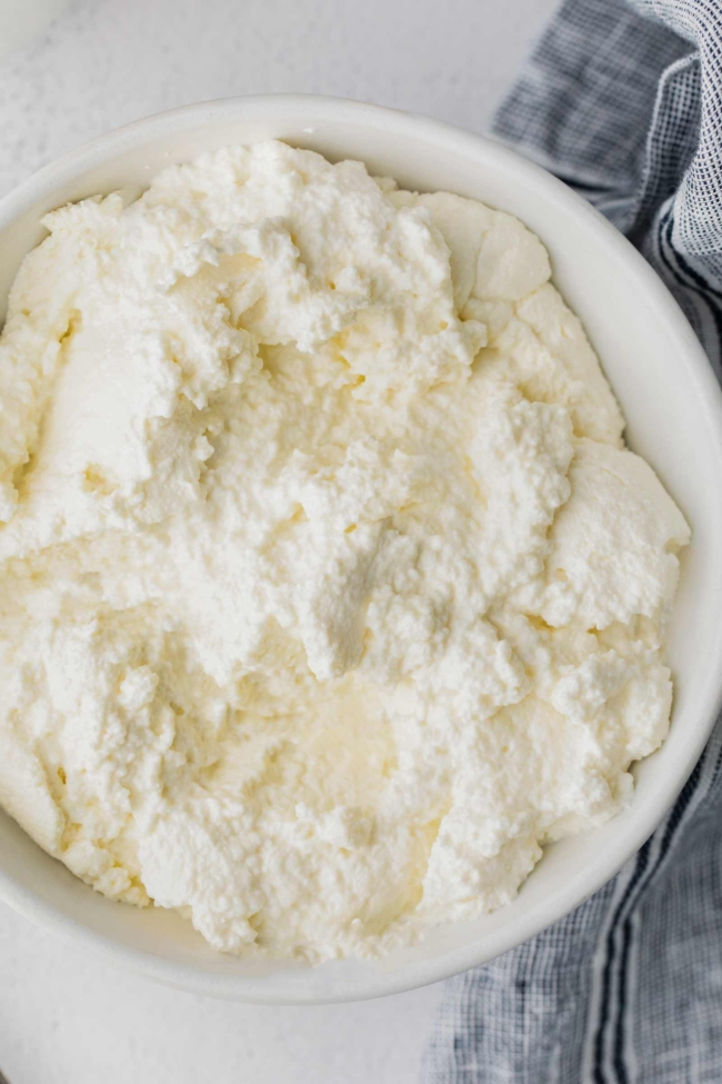close-up of bowl of fresh ricotta cheese