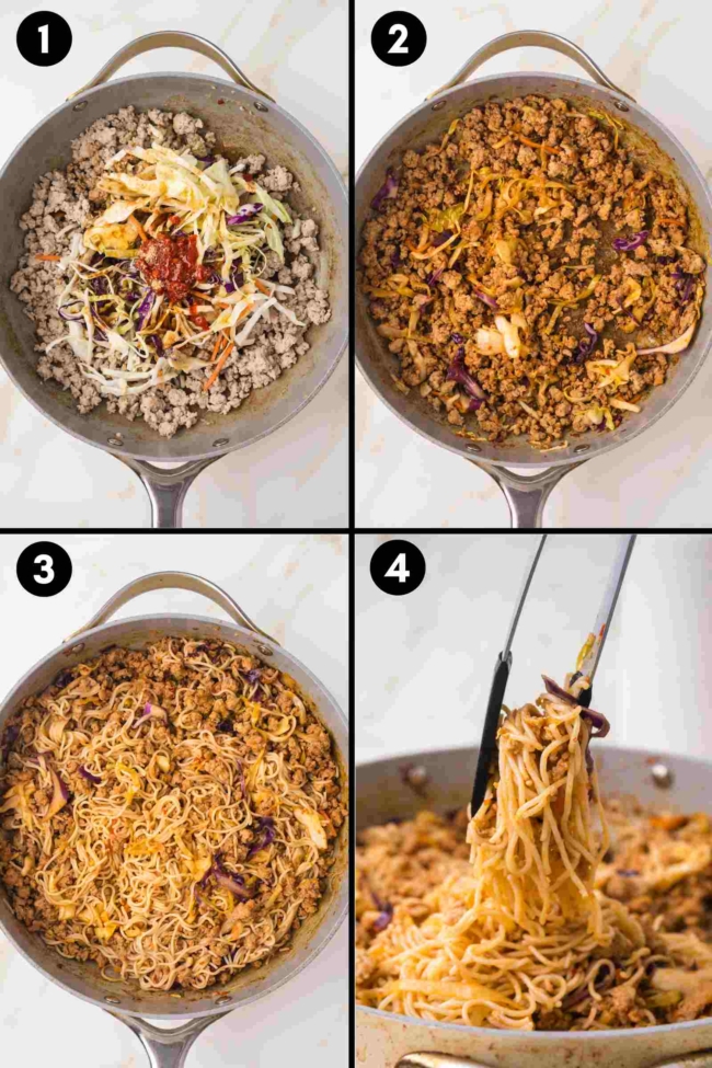 collage showing the mixing together of ingredients for honey garlic noodles
