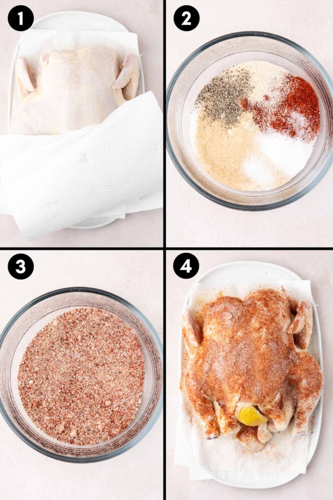 collage showing to pat the chicken dry, mix together the spice rub, and spread it on the chicken