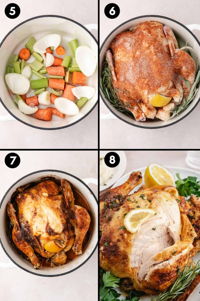 collage showing how you add the veggies to the dutch oven, put the chicken on top, roast and slice