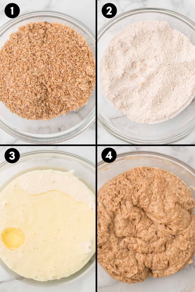 collage showing the mixing of the dry ingredients, the wet ingredients, and then mixing them together