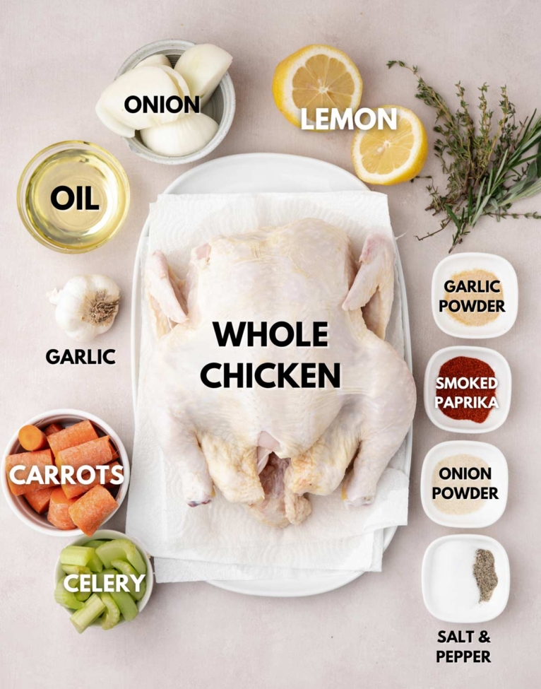 ingredients laid out to make an oven roasted whole chicken