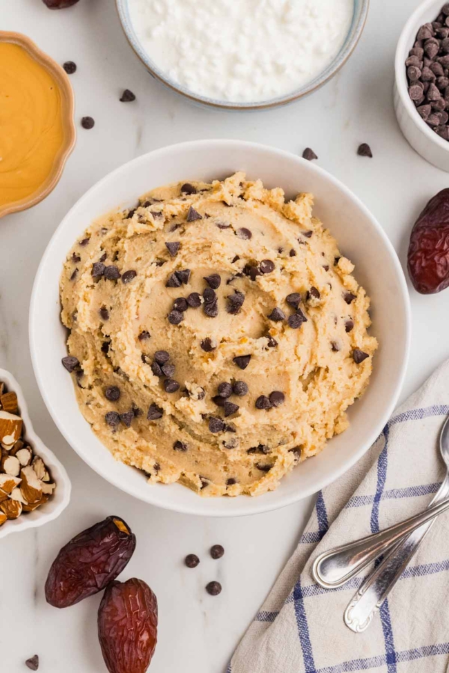 white bowl filled with edible cottage cheese cookie dough