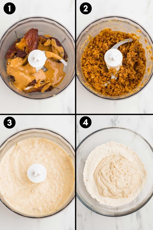 collage showing how the cottage cheese cookie dough is mixed together in a food processor