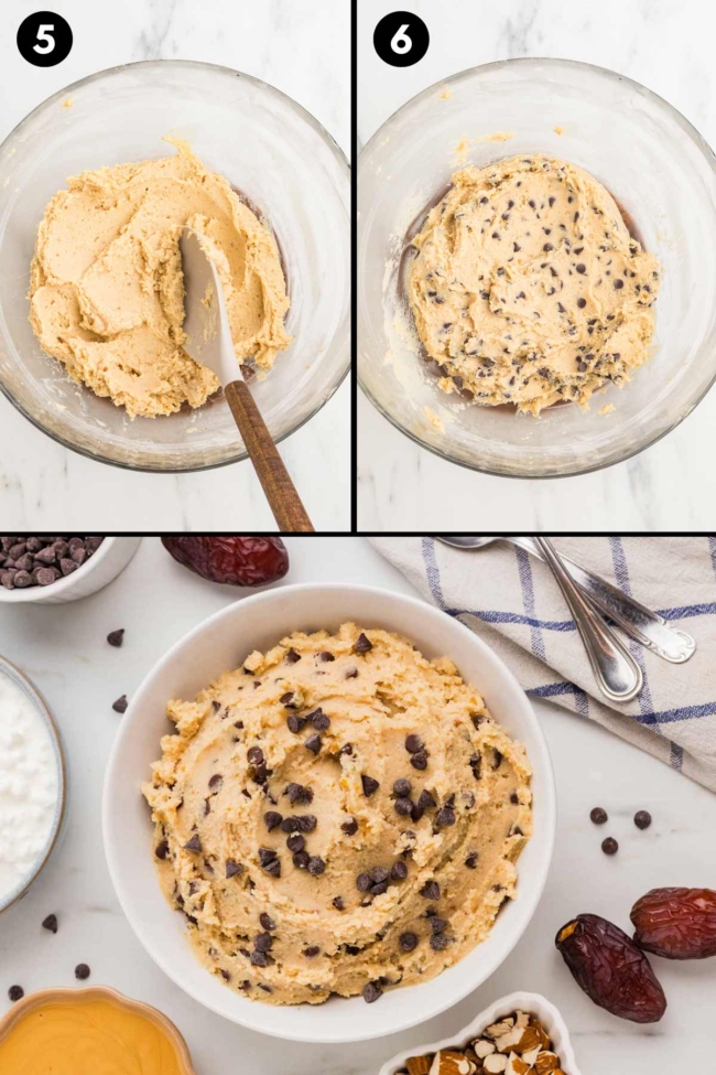 collage showing the mixing in of chocolate chips and the finished cottage cheese cookie dough in a white bowl