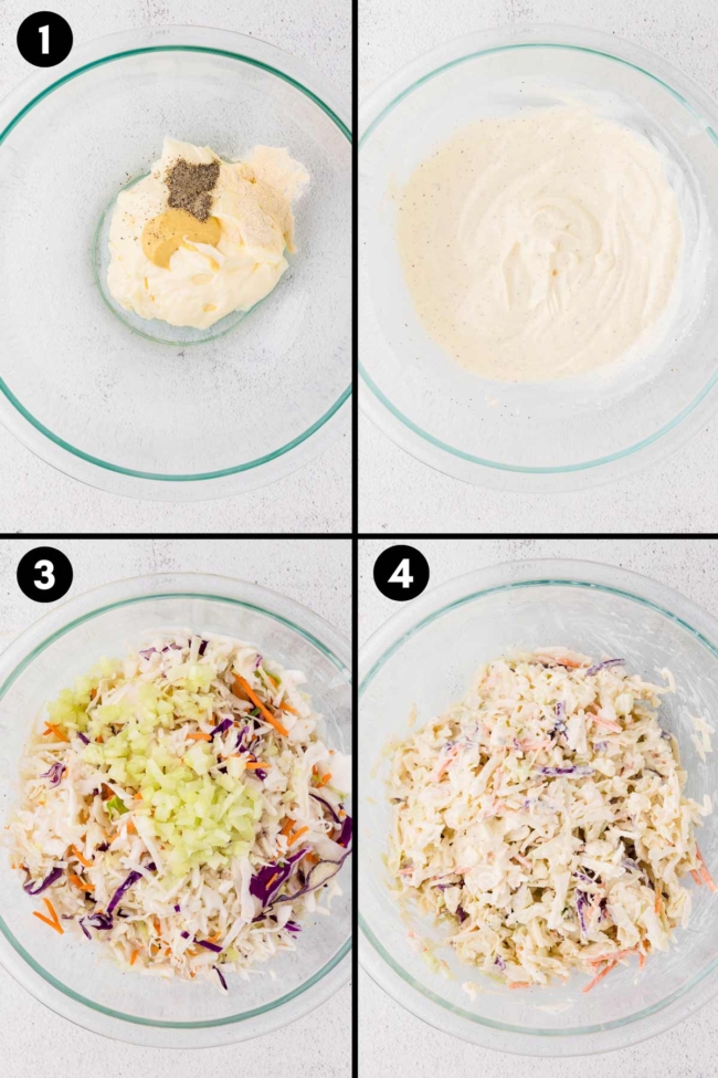 collage showing the mixing together of the coleslaw ingredients and mixing with the coleslaw mixture