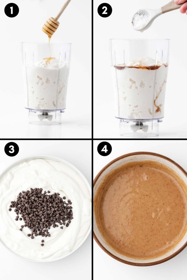 collage showing the mixing together of the cottage cheese ice cream