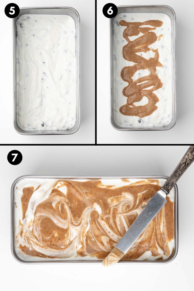collage showing the ice cream being poured into the pan, the peanut butter swirled on top, and frozen