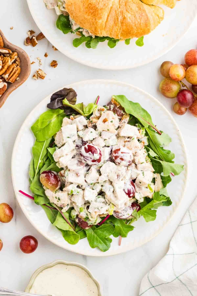overhead shot of chicken salad with grapes on a white plate with lettuce under the salad